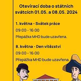 Otevírací doba o státních svátcích 01.05. a 08.05. 2024